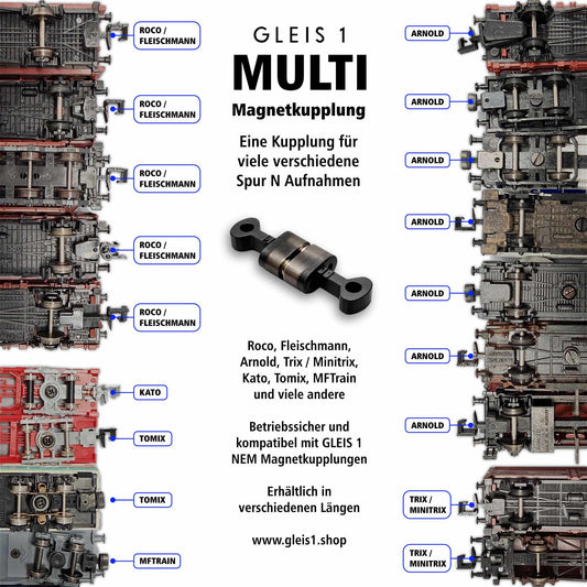 Spur N Modellbahn Übersicht aller Kuppungstypen Kupplungsaufnahmen Kupplungsschacht Wagen und Loks Alte Kupplungen von Roco Fleischmann Arnold Trix Minitrix MFTrain Kato Tomix MULTI Magnetkupplung ersetzt die Hakenkupplung ohne Feder und Metallplättchen