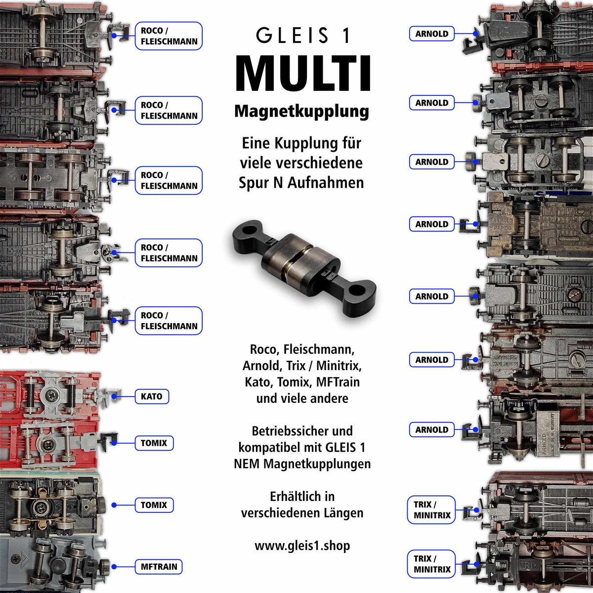 Spur N Modellbahn Übersicht aller Kuppungstypen Kupplungsaufnahmen Kupplungsschacht Wagen und Loks Alte Kupplungen von Roco Fleischmann Arnold Trix Minitrix MFTrain Kato Tomix MULTI Magnetkupplung ersetzt die Hakenkupplung ohne Feder und Metallplättchen