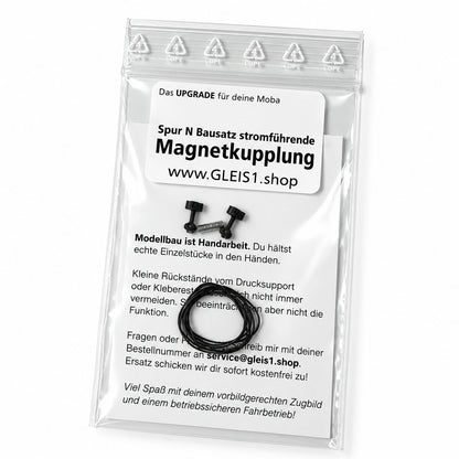 Verpackung MULTI Bausatz stromführende Magnetkupplung mit Kabeln Litze Magnete Spur N für alte Kupplungsaufnahmen Minitrix Trix Roco Fleischmann Arnold MFTrain Kato Tomix